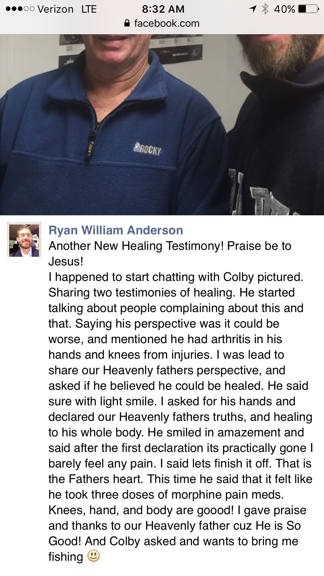 Colby's arthritis pain gone after prayer
